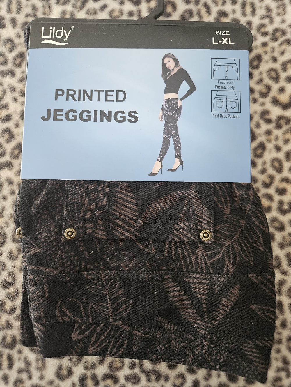 Lildy Printed Denim Jeggings, Size L-XL, Brand New (Black & Brown Floral Print)